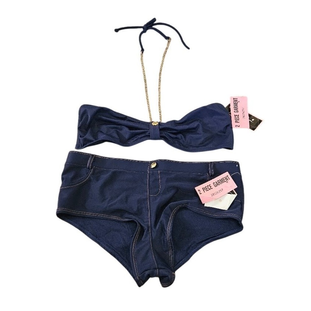 Jessica Simpson Navy Denim Look Bikini Set Bandeau Chain Halter 2 Piece Medium